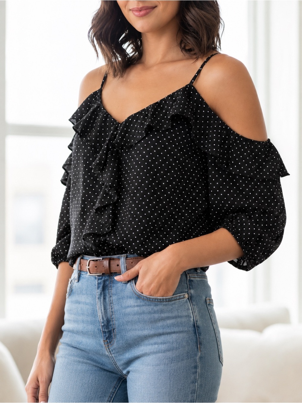OLIVIA GREY Sheer Polka Dot Cold Shoulder Blouse Black Ruffle Lined XS NWT